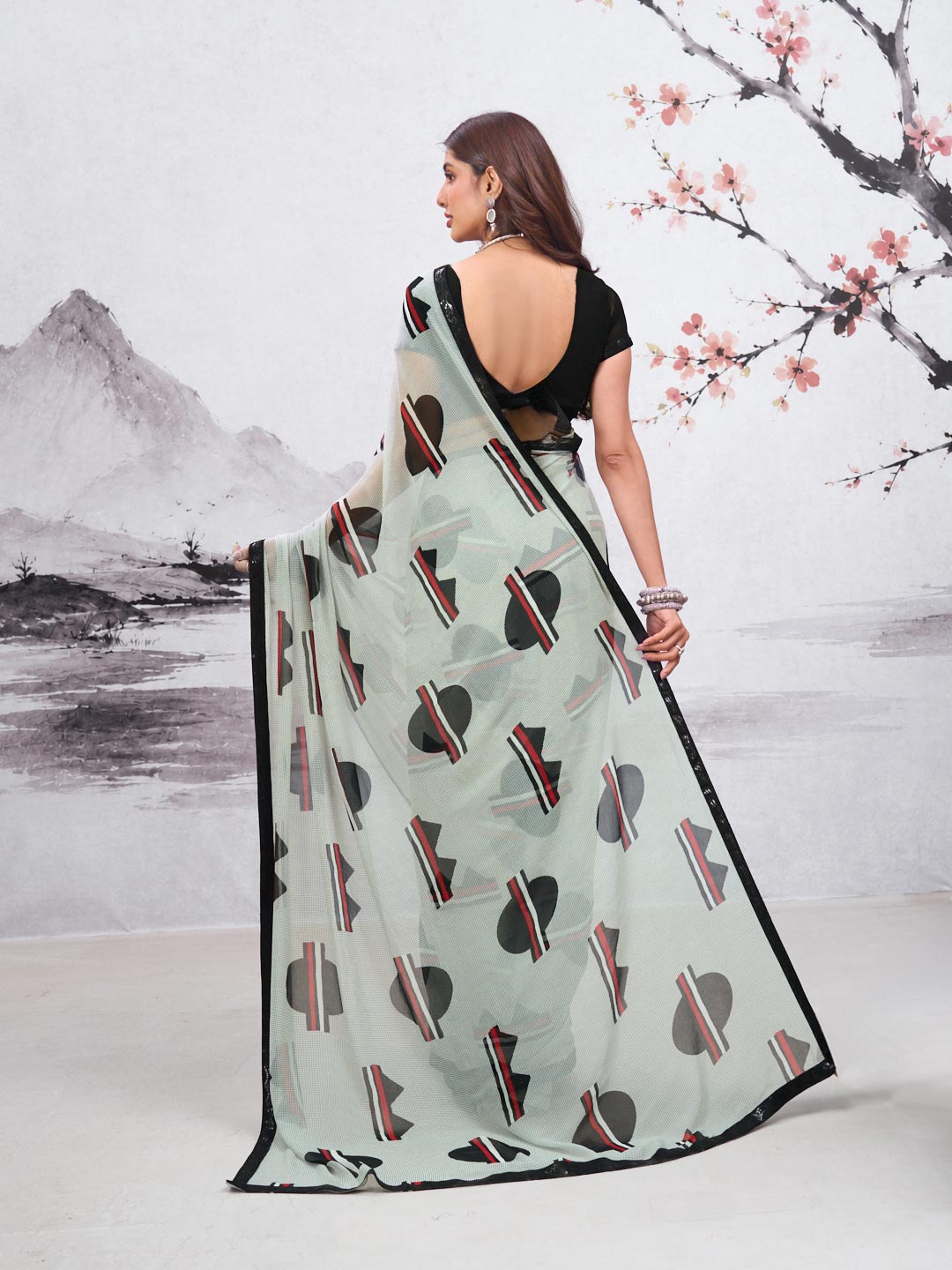 Grey geometric printed georgette saree party wear