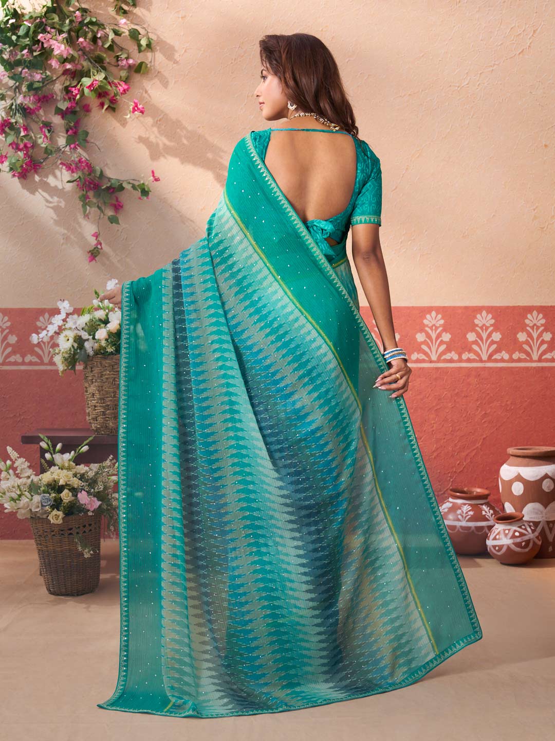 Blue printed chiffon saree festive wear