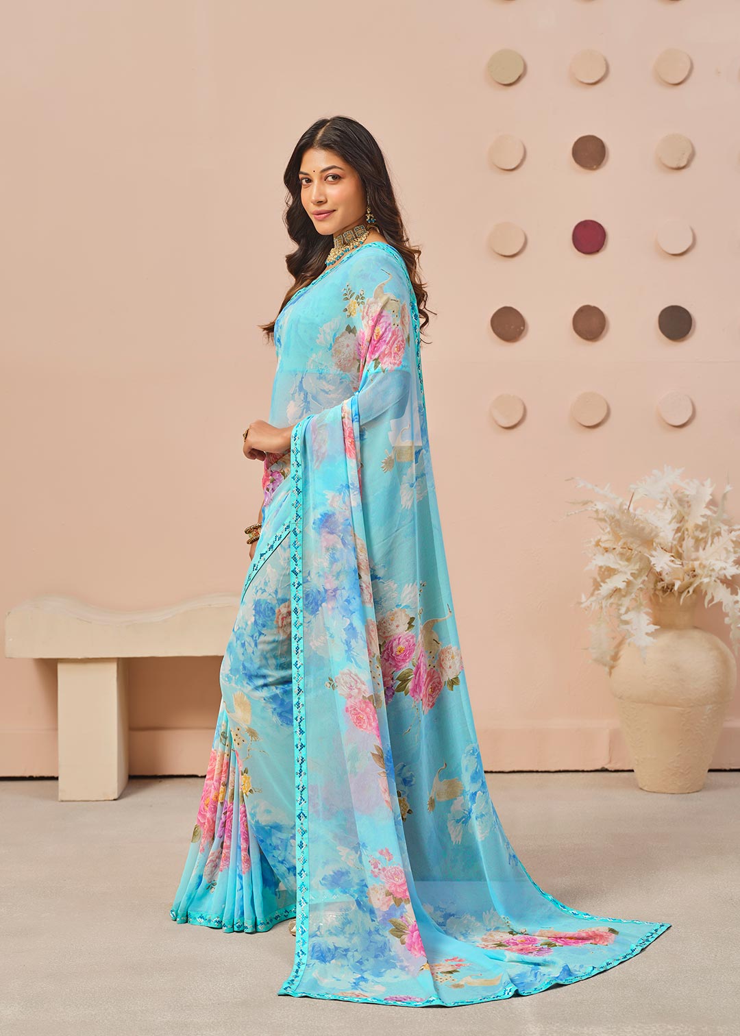 Blue floral printed georgette saree party wear