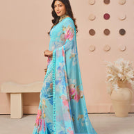 Blue floral printed georgette saree party wear