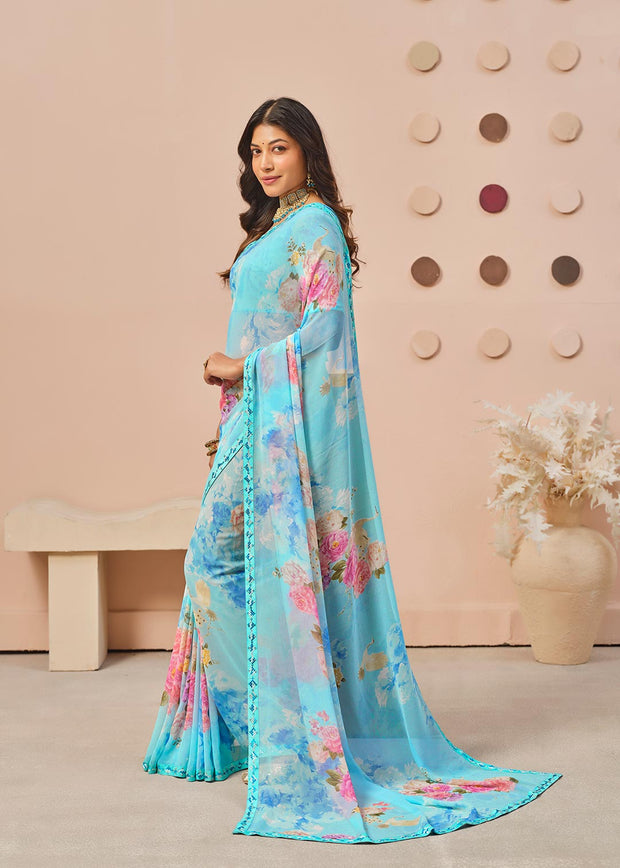 Blue floral printed georgette saree party wear