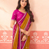Mustard printed silk blend saree wedding wear