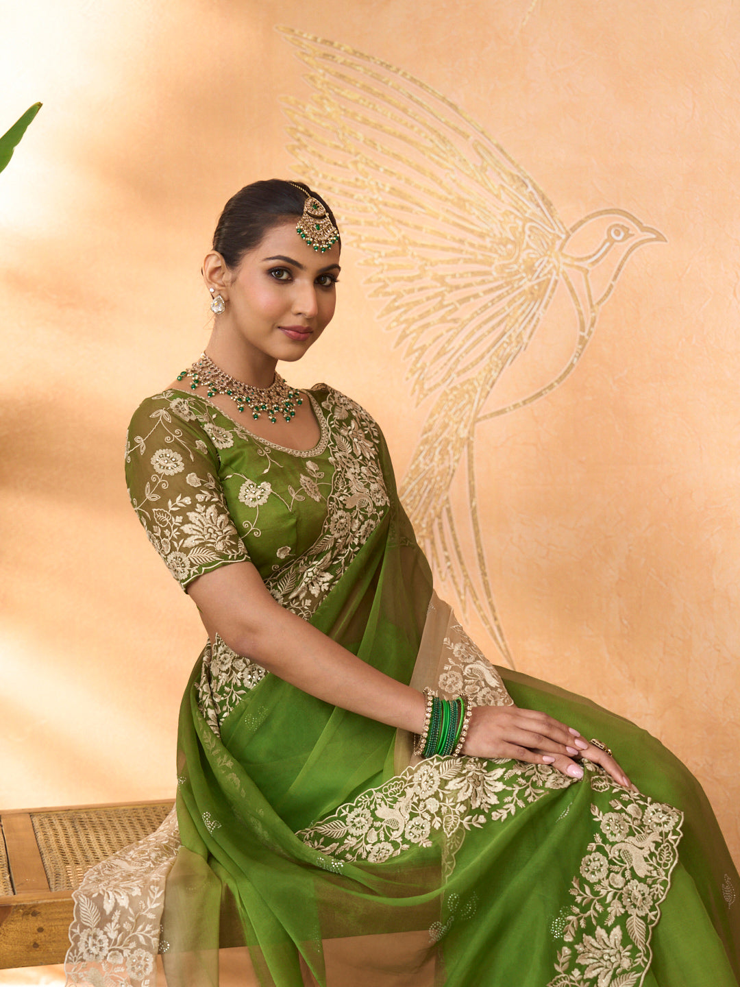 Green floral embroidered tissue organza saree wedding wear