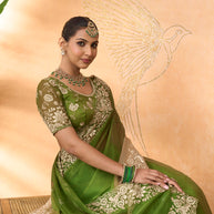 Green floral embroidered tissue organza saree wedding wear