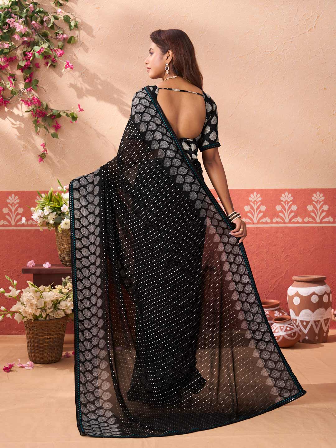 Black geometric printed georgette saree festive wear
