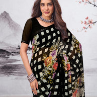 Black floral printed georgette saree wedding wear