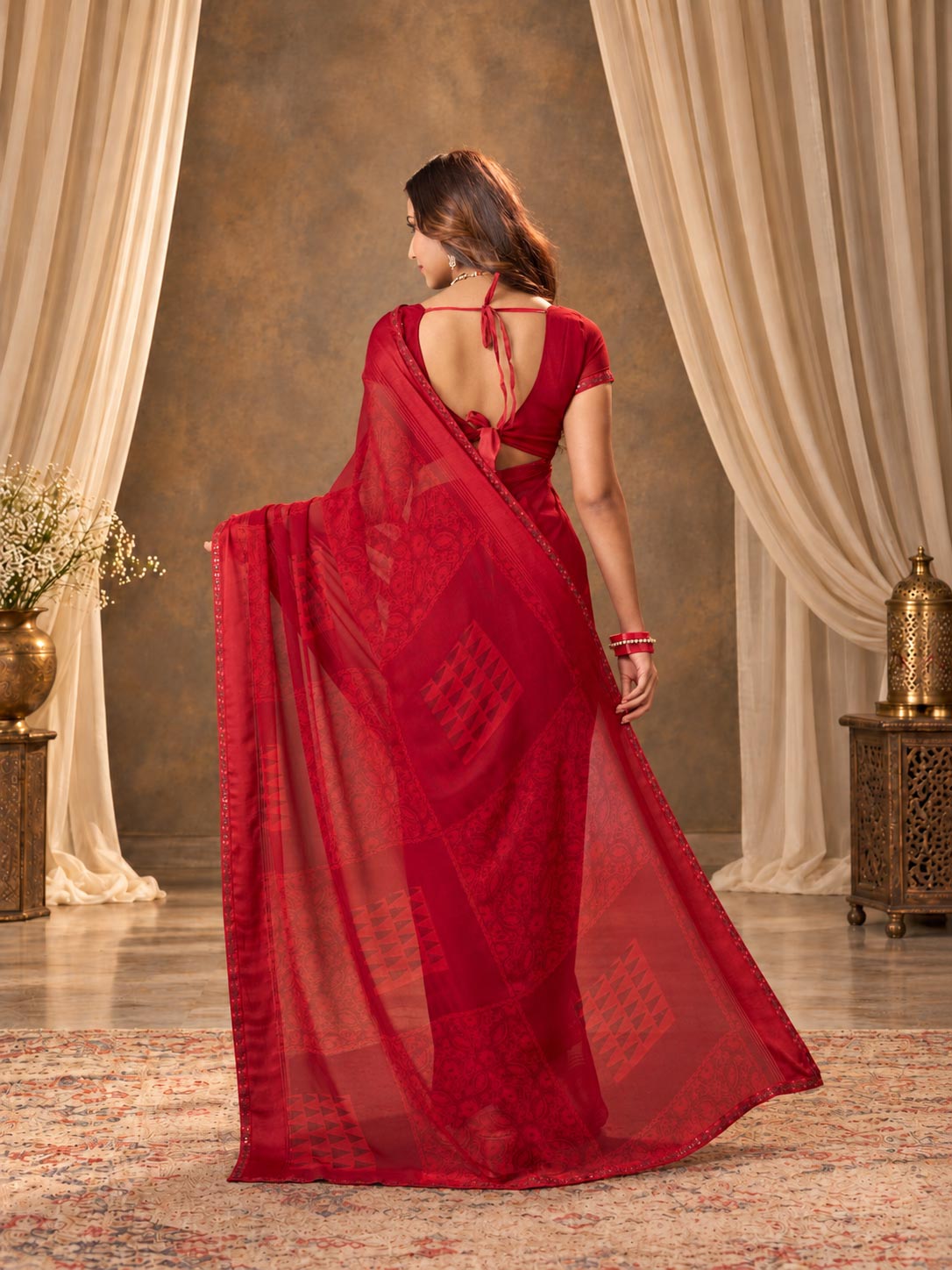 Red geometric printed georgette saree party wear