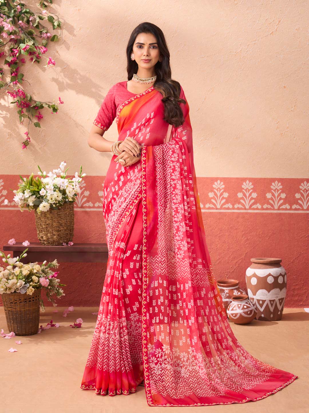 Pink floral printed chiffon saree festive wear
