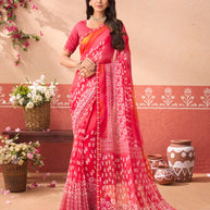 Pink floral printed chiffon saree festive wear
