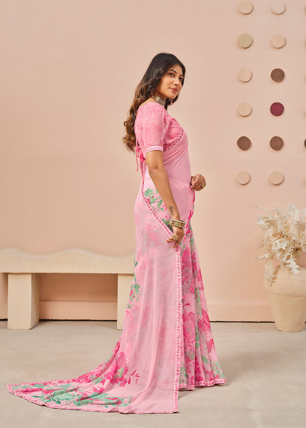 Pink floral printed georgette saree party wear