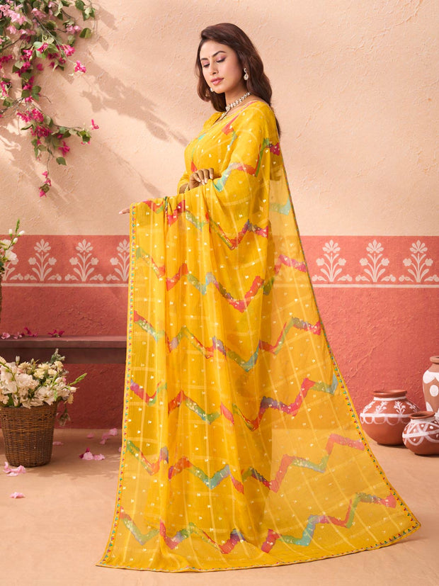 Yellow geometric printed chiffon saree festive wear