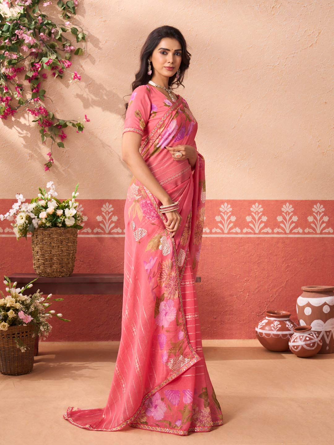 Pink floral printed chiffon saree casual wear
