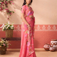 Pink floral printed chiffon saree casual wear
