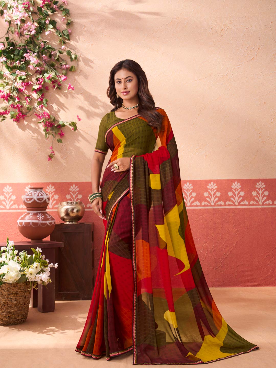 Multicolor abstract printed georgette saree daily wear
