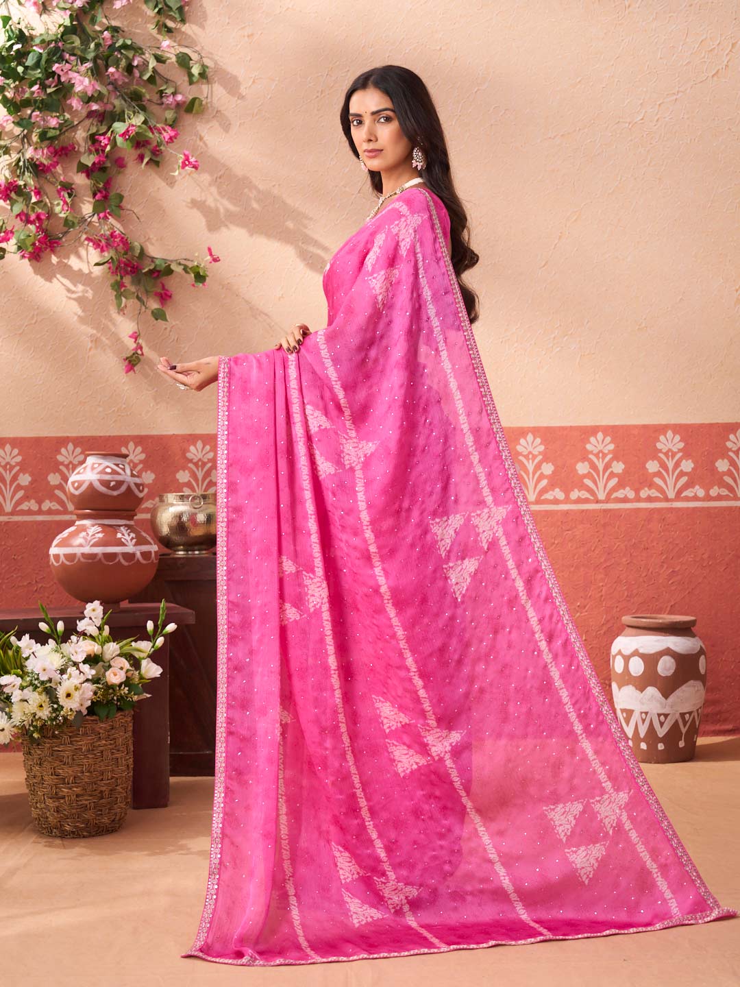 Pink printed silk blend saree daily wear