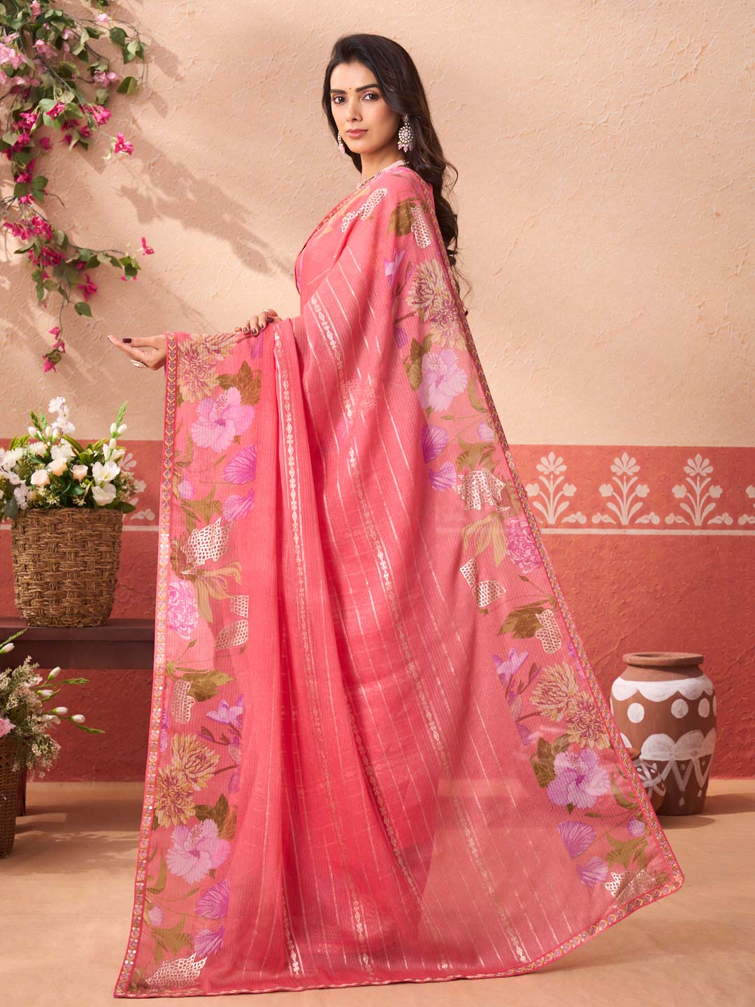 Pink floral printed chiffon saree daily wear