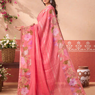 Pink floral printed chiffon saree daily wear