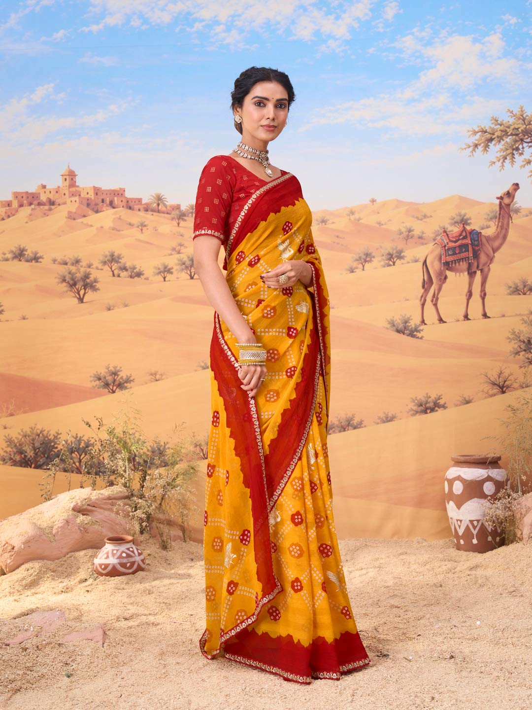 Orange bandhani printed georgette saree casual wear