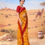 Orange bandhani printed georgette saree casual wear