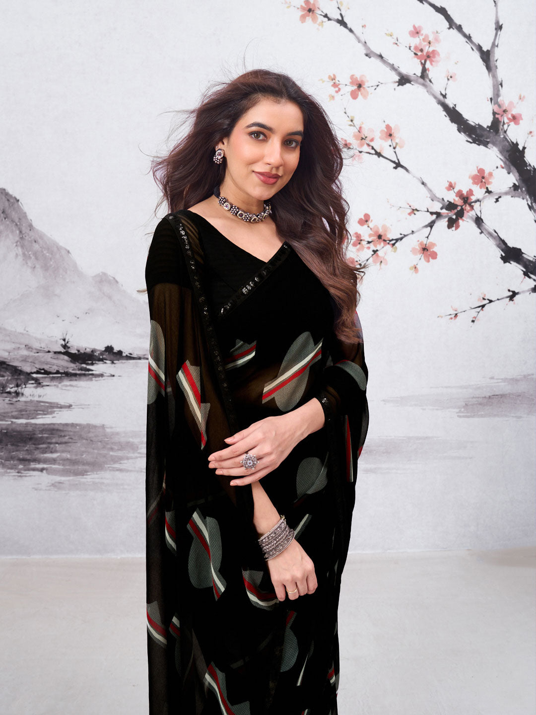 Black geometric printed georgette saree wedding wear