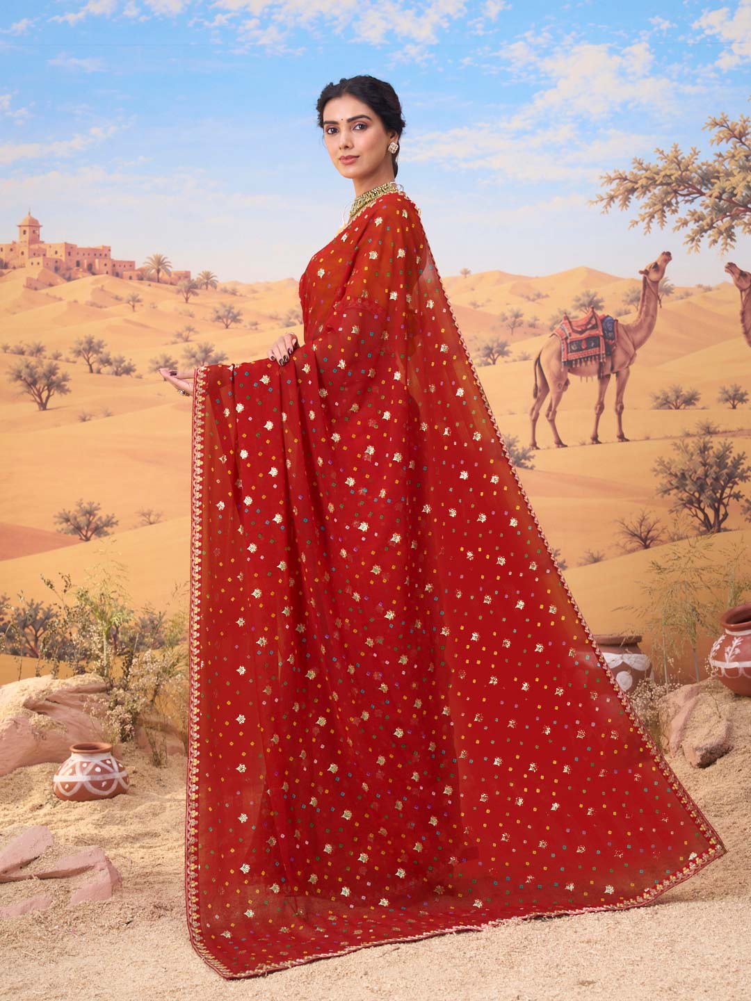 Red bandhani printed georgette saree daily wear