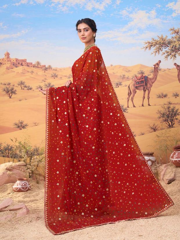 Red bandhani printed georgette saree daily wear