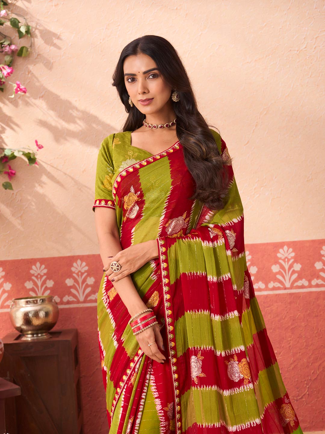 Green floral printed chiffon saree wedding wear