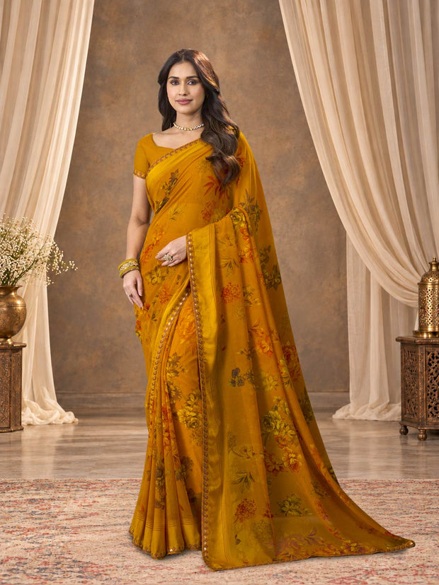 Mustard floral printed georgette saree party wear