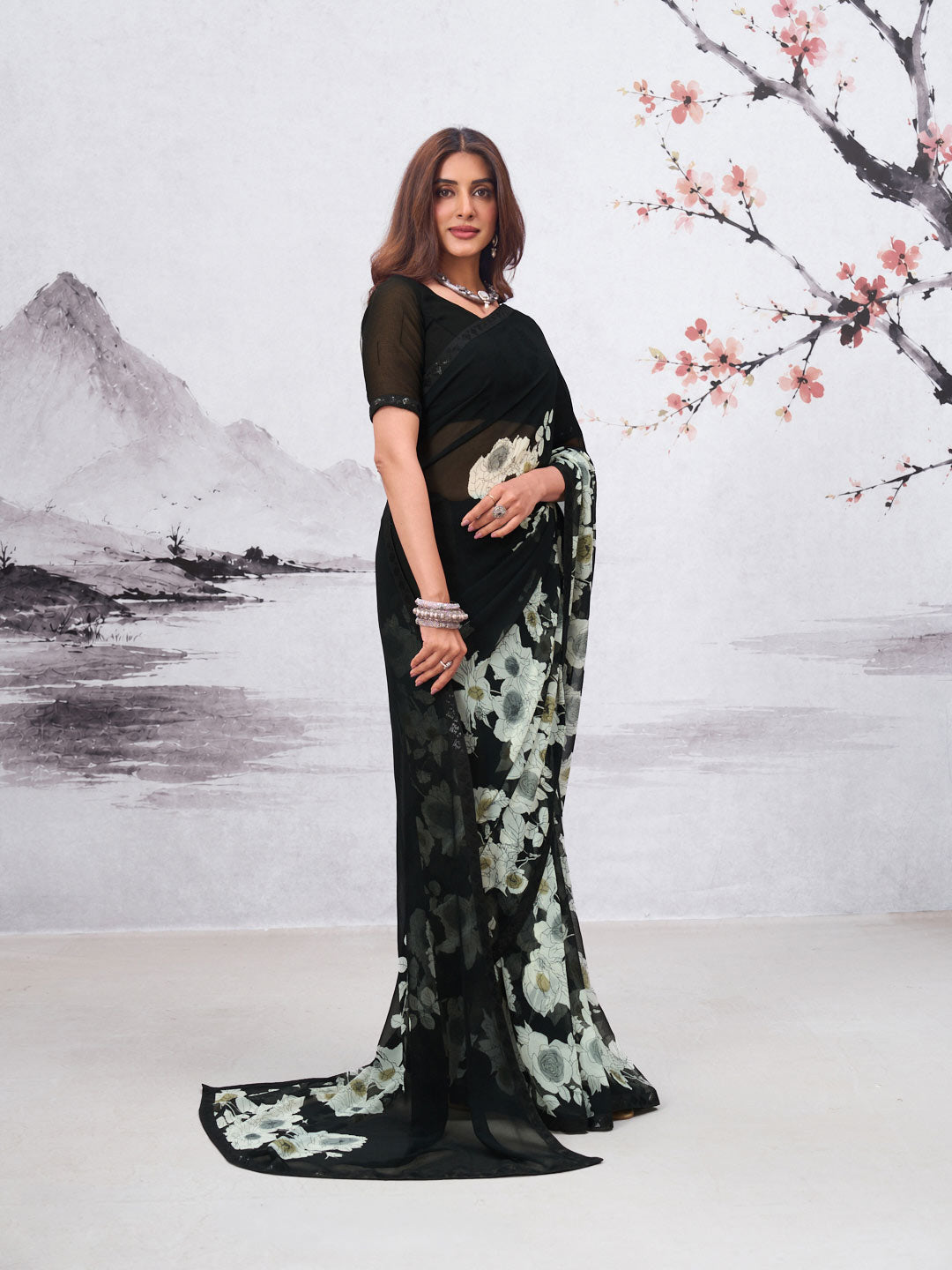 Black floral printed georgette saree casual wear