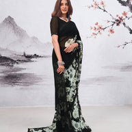 Black floral printed georgette saree casual wear