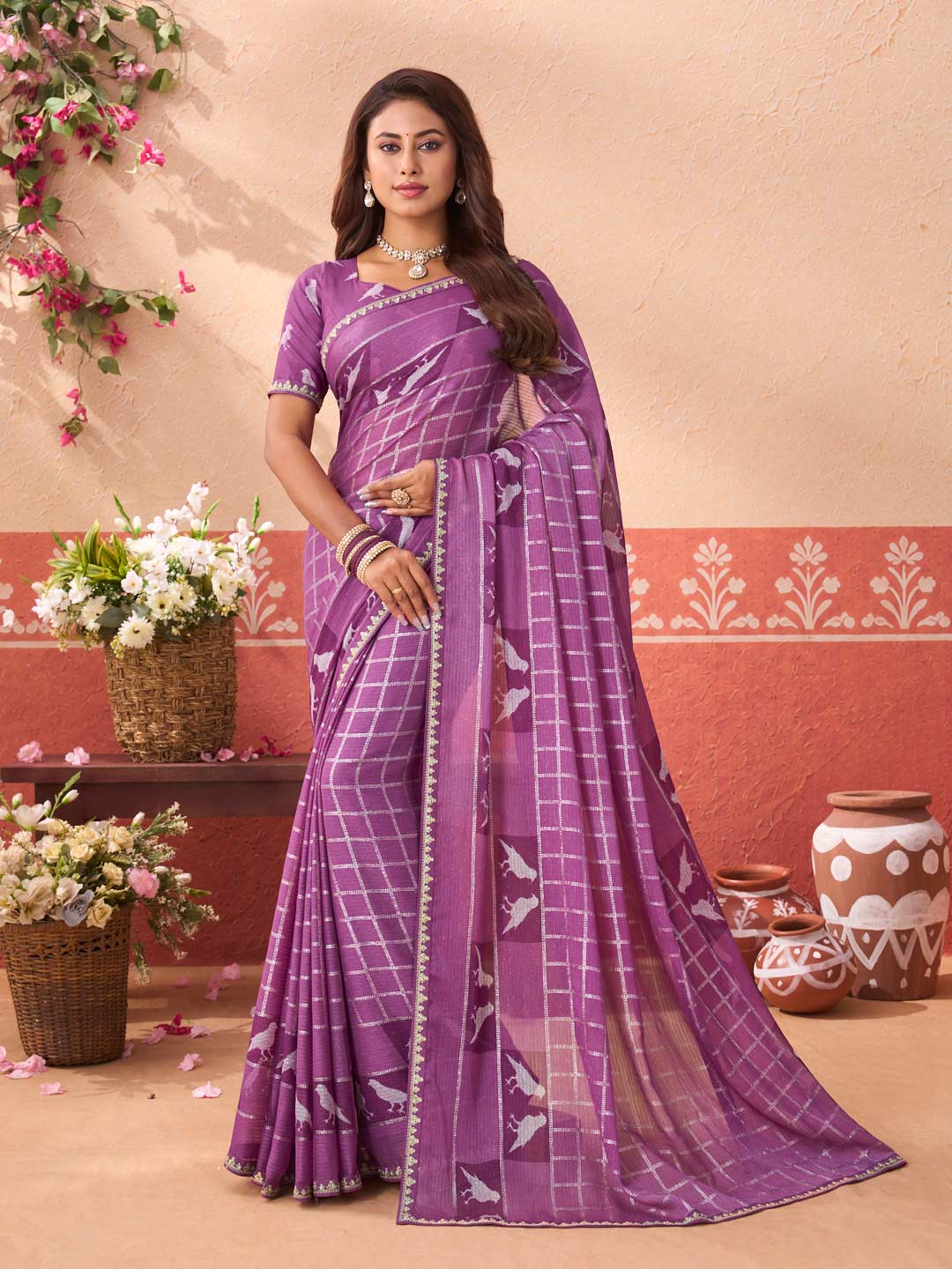 Purple printed chiffon saree party wear
