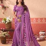 Purple printed chiffon saree party wear