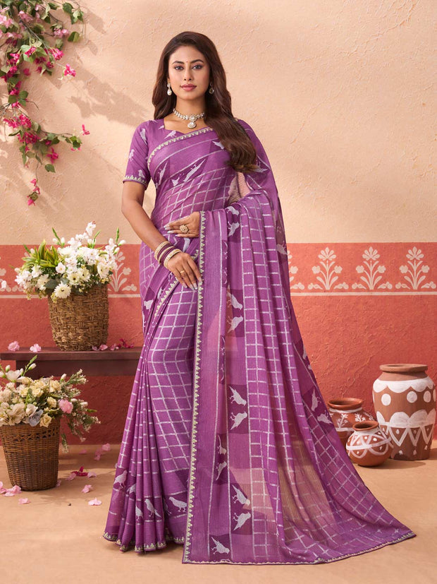 Purple printed chiffon saree party wear