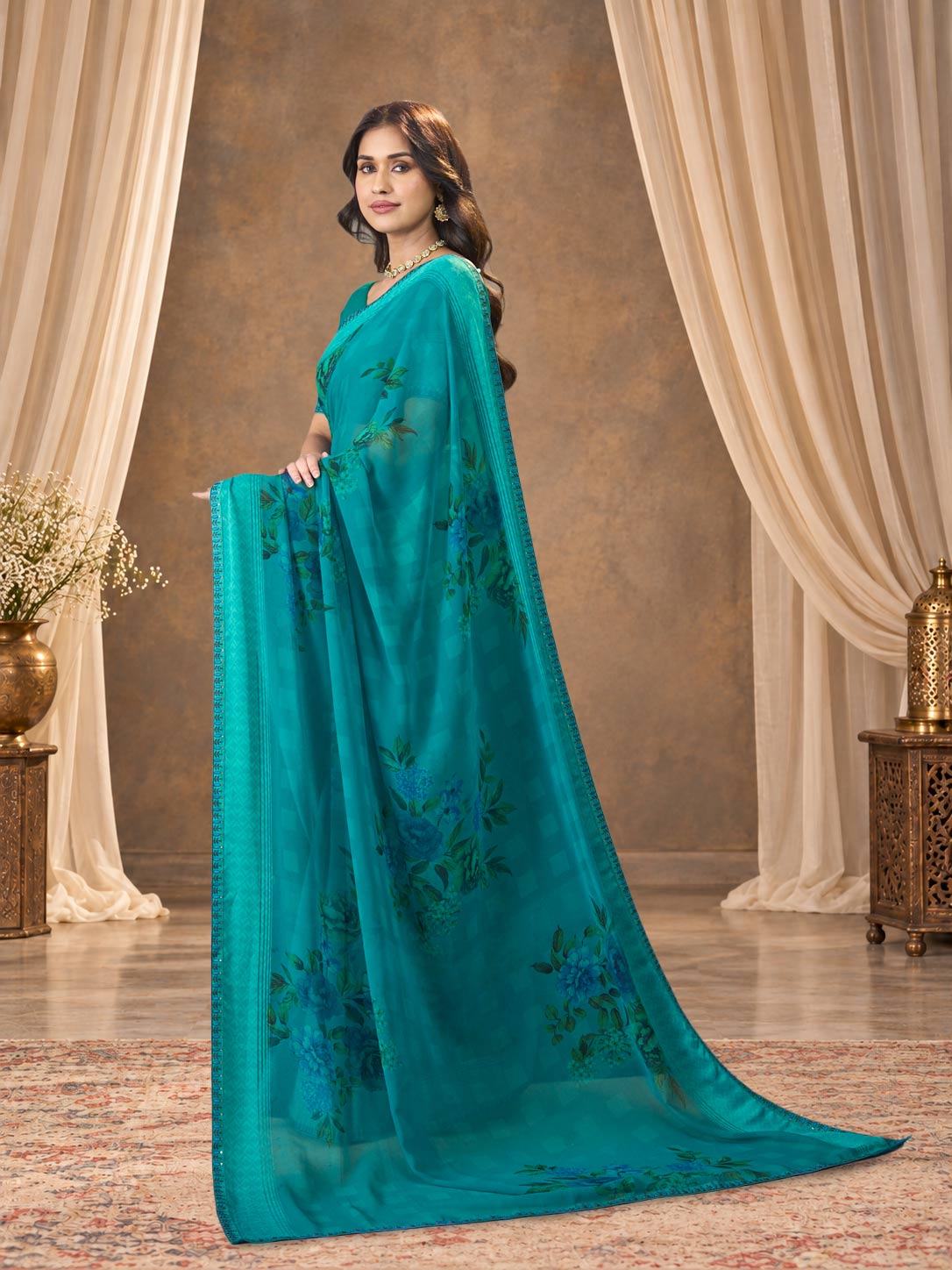 Blue printed georgette saree daily wear