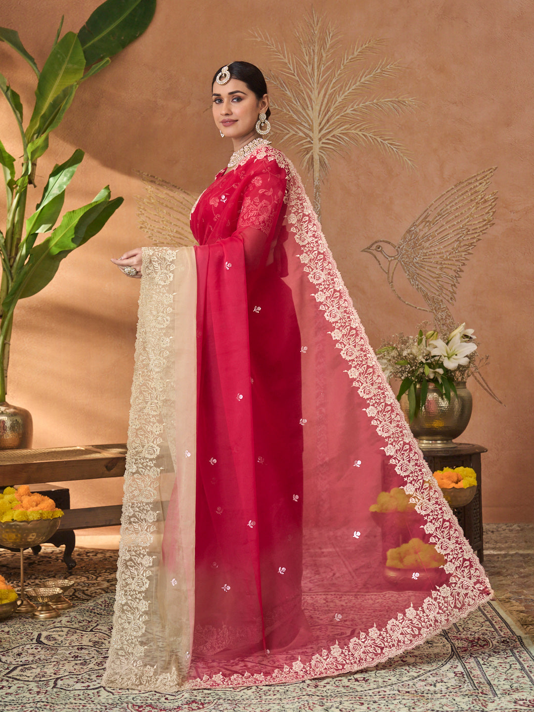 Pink embroidered tissue organza saree wedding wear