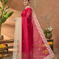 Pink embroidered tissue organza saree wedding wear