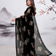 Black geometric printed georgette saree daily wear
