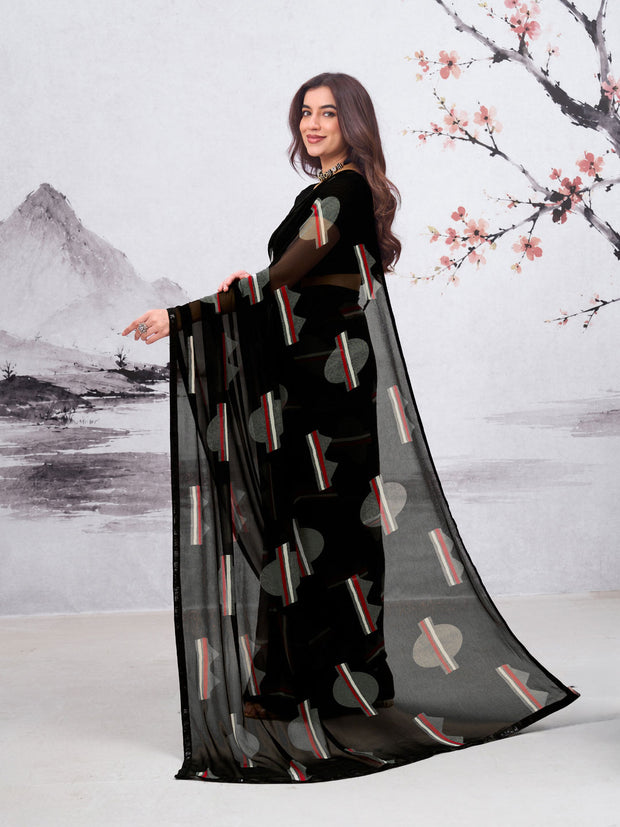 Black geometric printed georgette saree daily wear