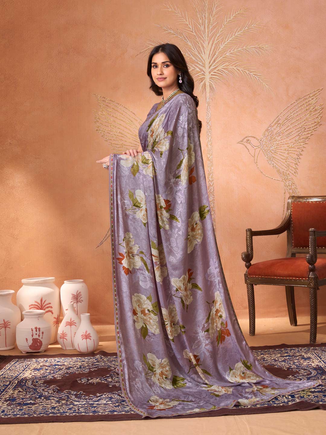 Purple embroidered silk blend saree casual wear