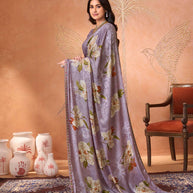 Purple embroidered silk blend saree casual wear
