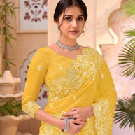 Yellow embroidered chiffon saree festive wear