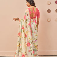 Cream printed georgette saree casual wear