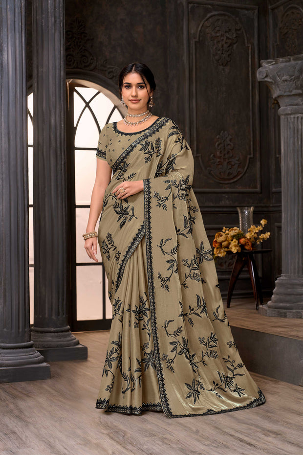 Brown embroidered tissue organza saree festive wear