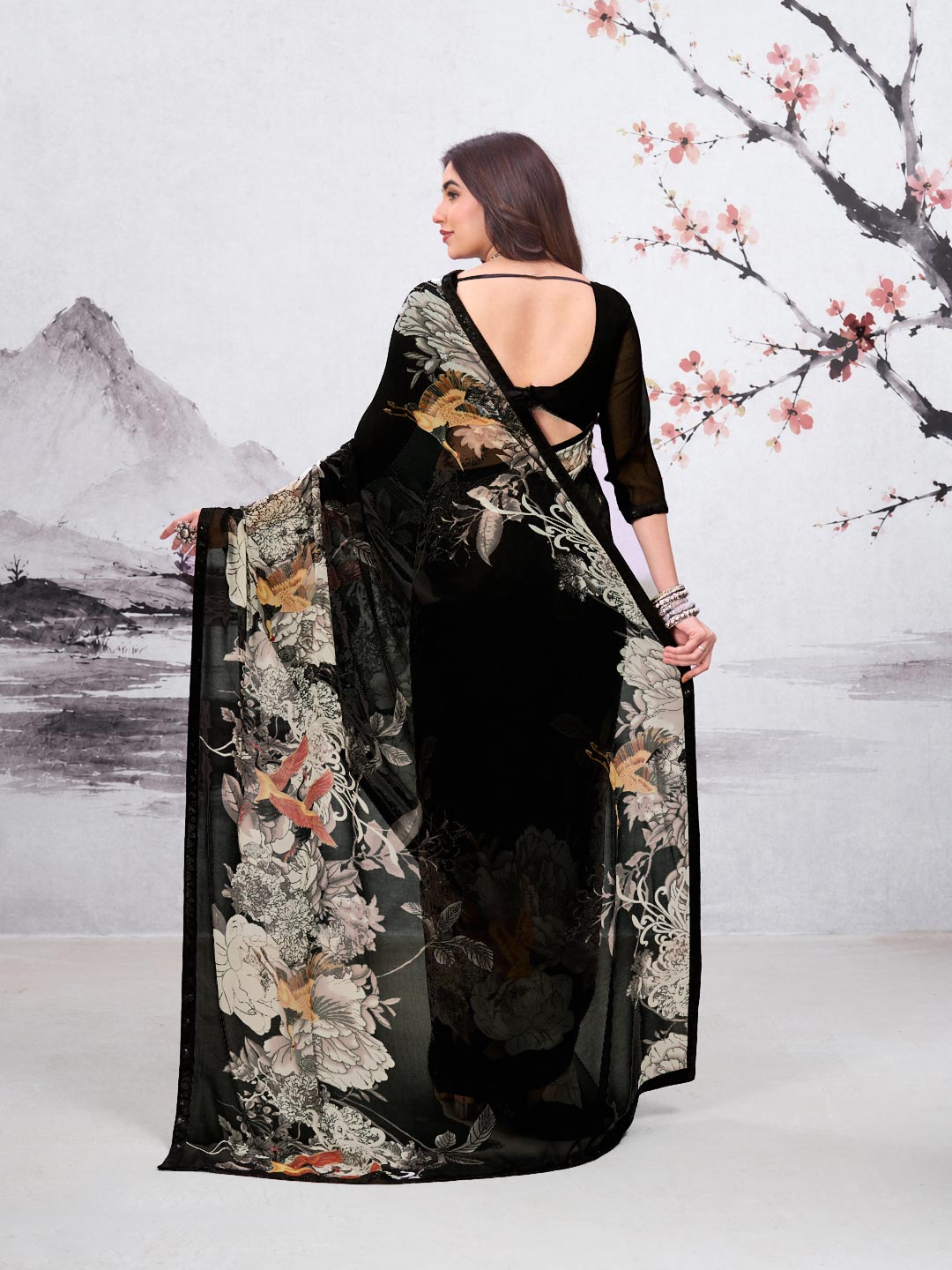 Black floral printed georgette saree festive wear