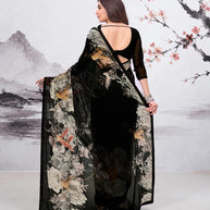 Black floral printed georgette saree festive wear