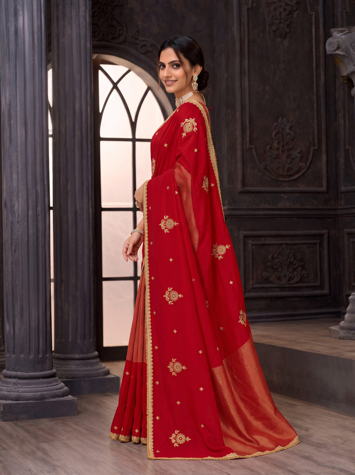 Red embroidered silk blend saree wedding wear