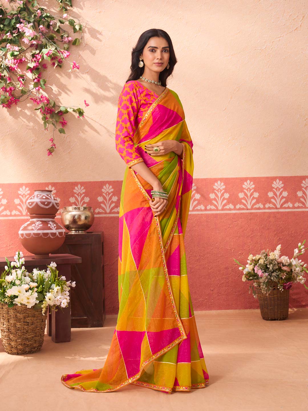 Multicolor printed chiffon saree casual wear
