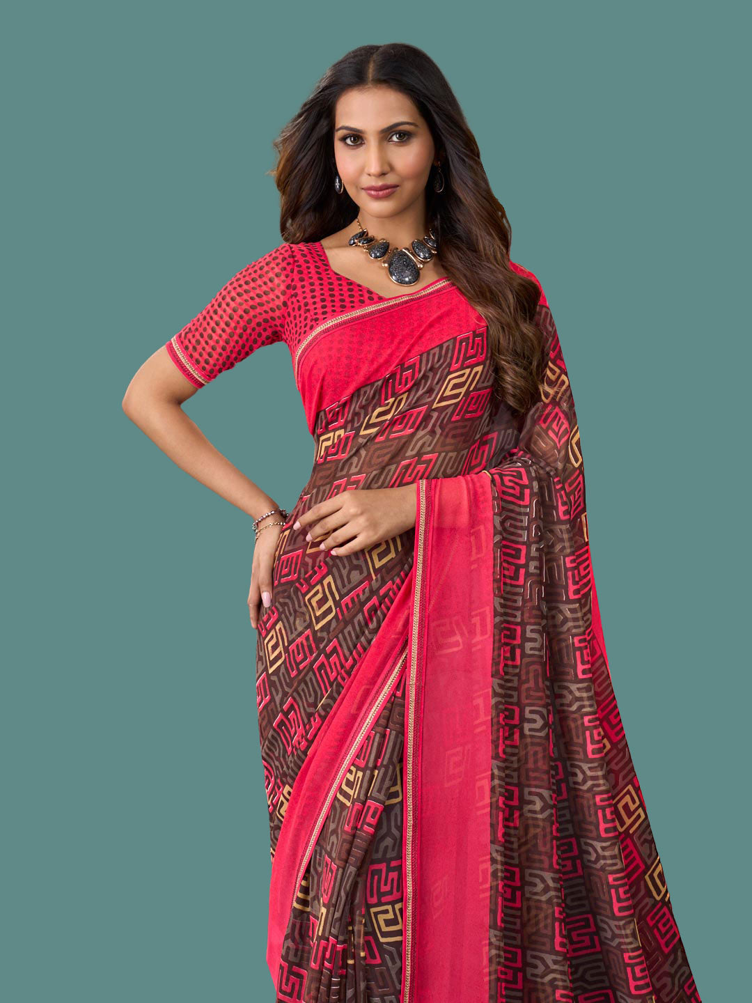 Laxmipati Rudramala Red Georgette Geometric Printed Saree
