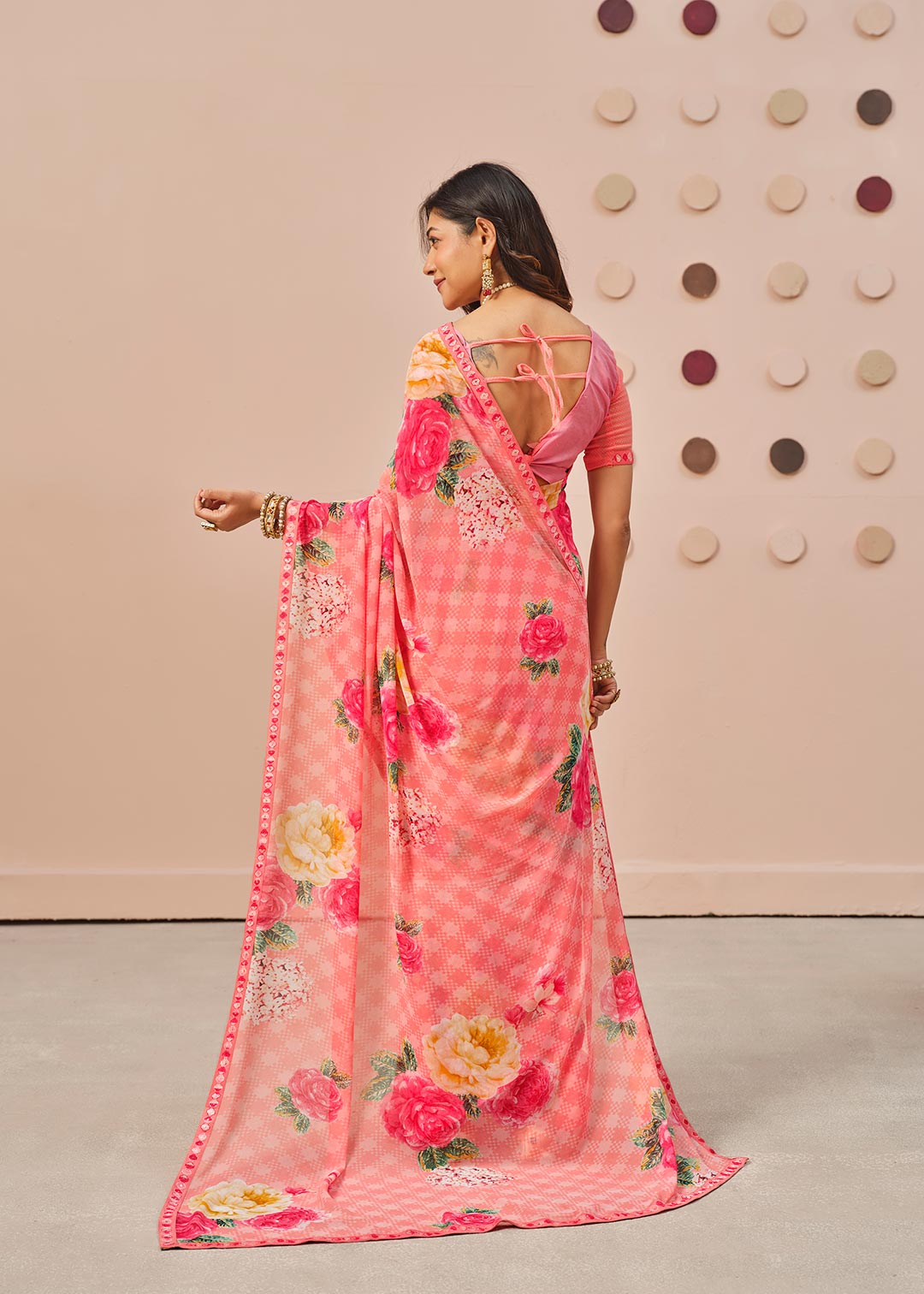 Pink floral printed georgette saree casual wear