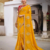 Mustard work silk blend saree festive wear